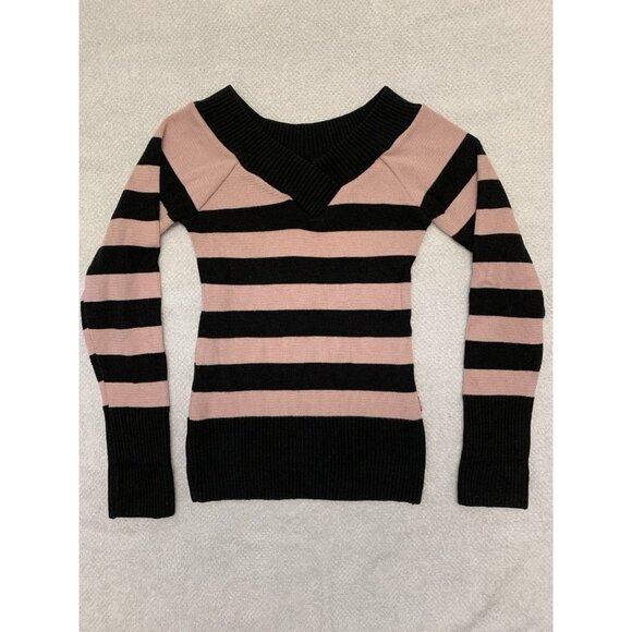 Pink Black Striped V-neck Y2K Pullover Fitted Sweater Small - Picture 1 of 5